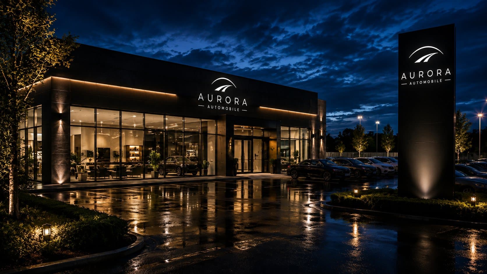 Aurora Automobile showroom at night, illuminated facade