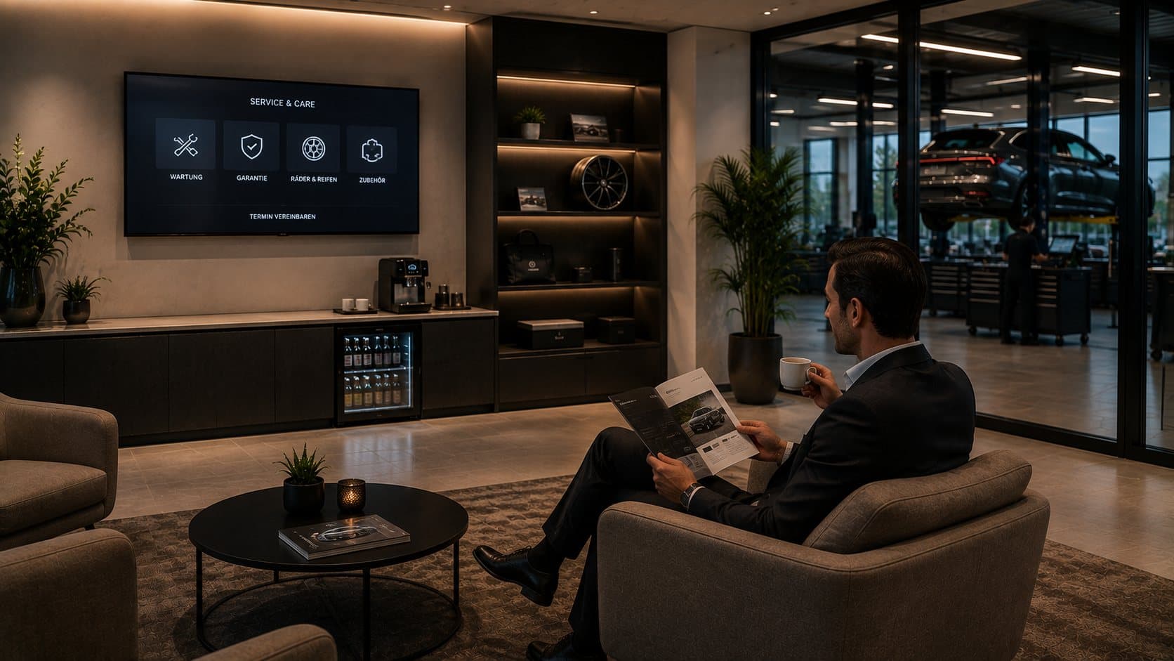 Customer waiting area with service overview