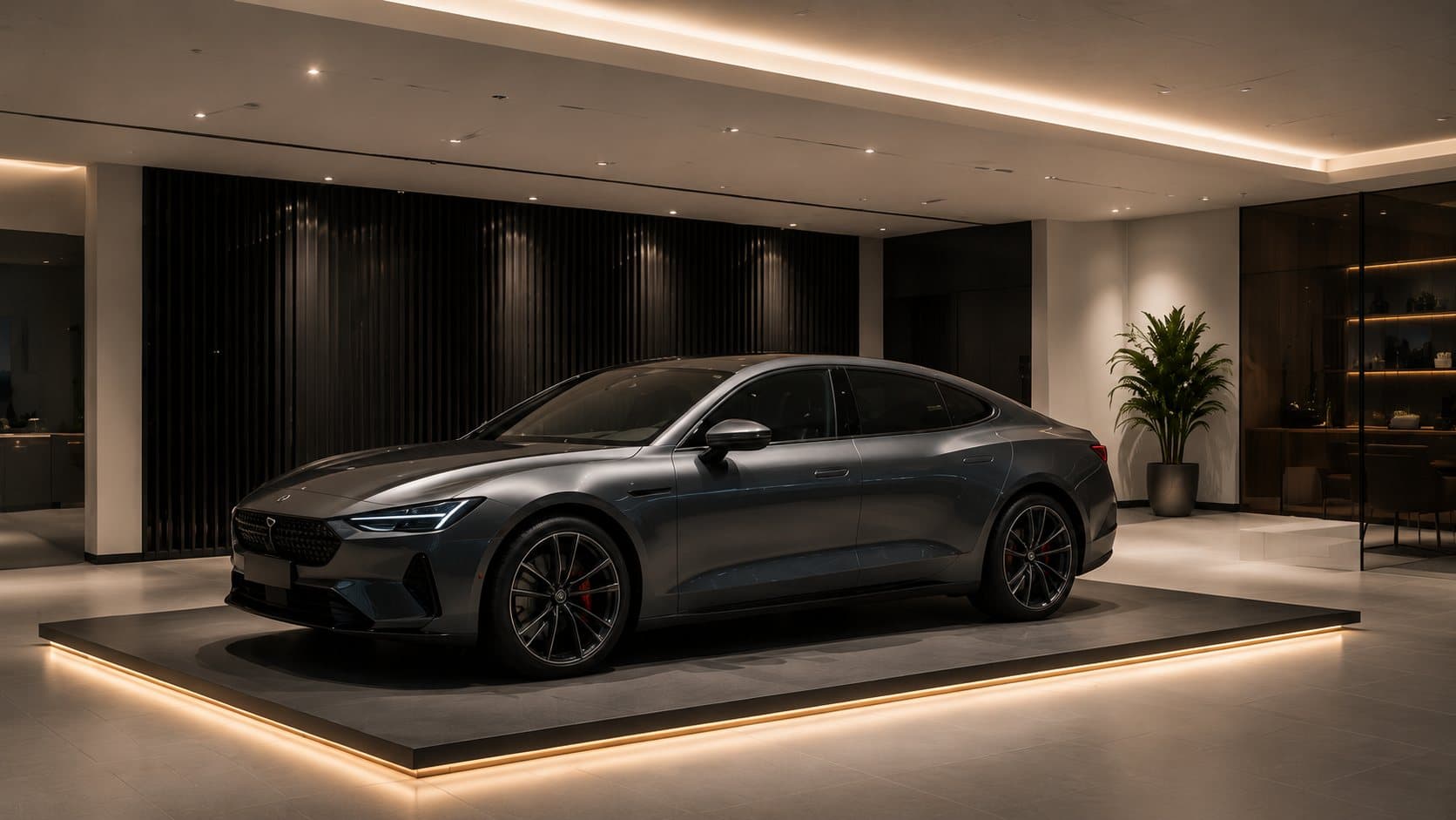 Vehicle staged on a lit platform in the Aurora showroom at night