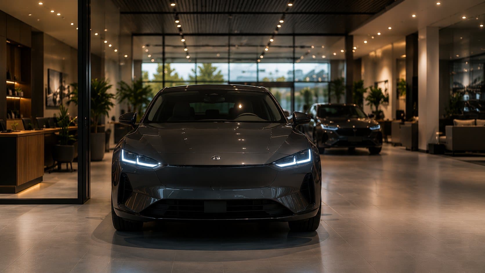 Vehicle front view in the showroom hall