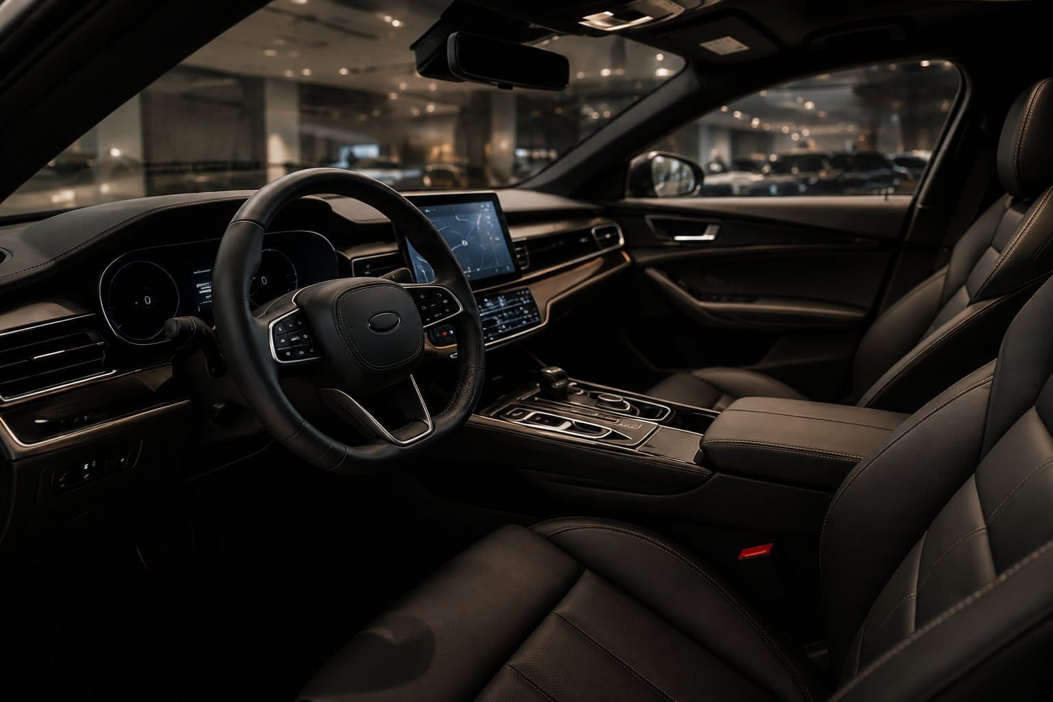 Close-up of a vehicle interior with steering wheel and controls